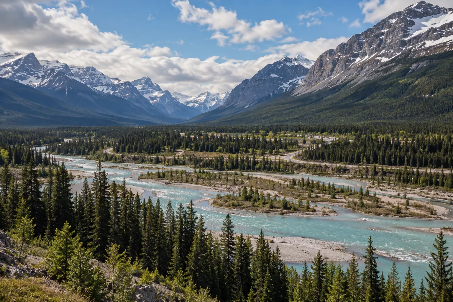 Saskatchewan River Crossing valley and braided river channels