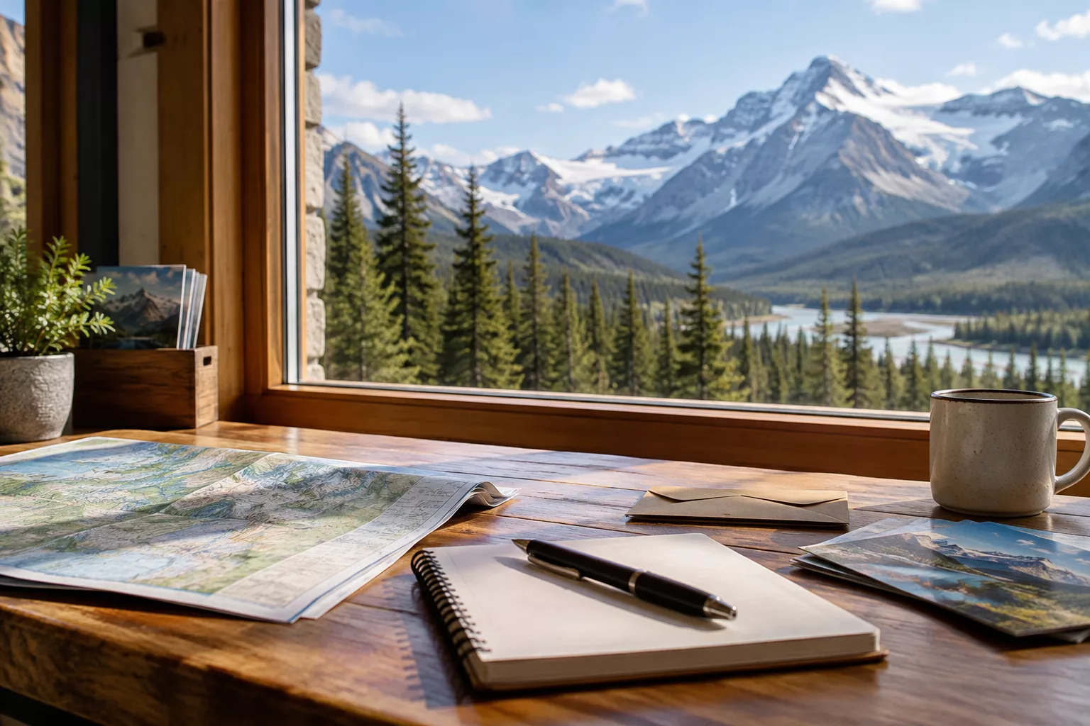 Notebook map and guide request materials on a quiet mountain travel desk