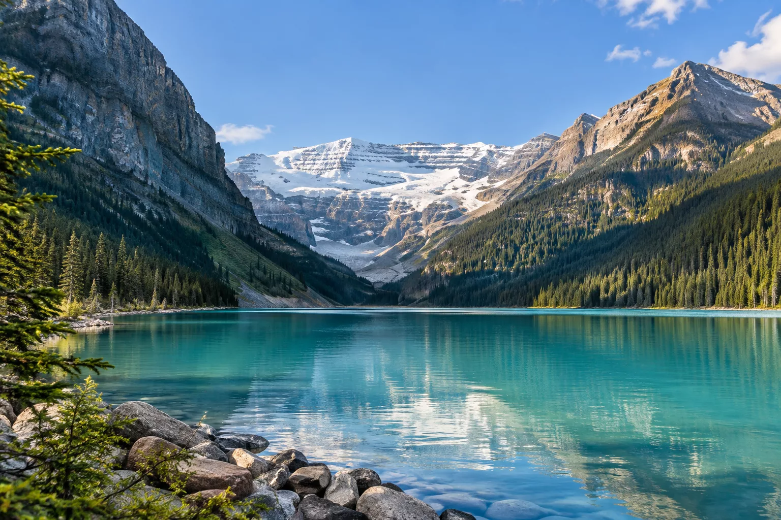 Lake Louise and Victoria Glacier from the public lakeshore viewpoint