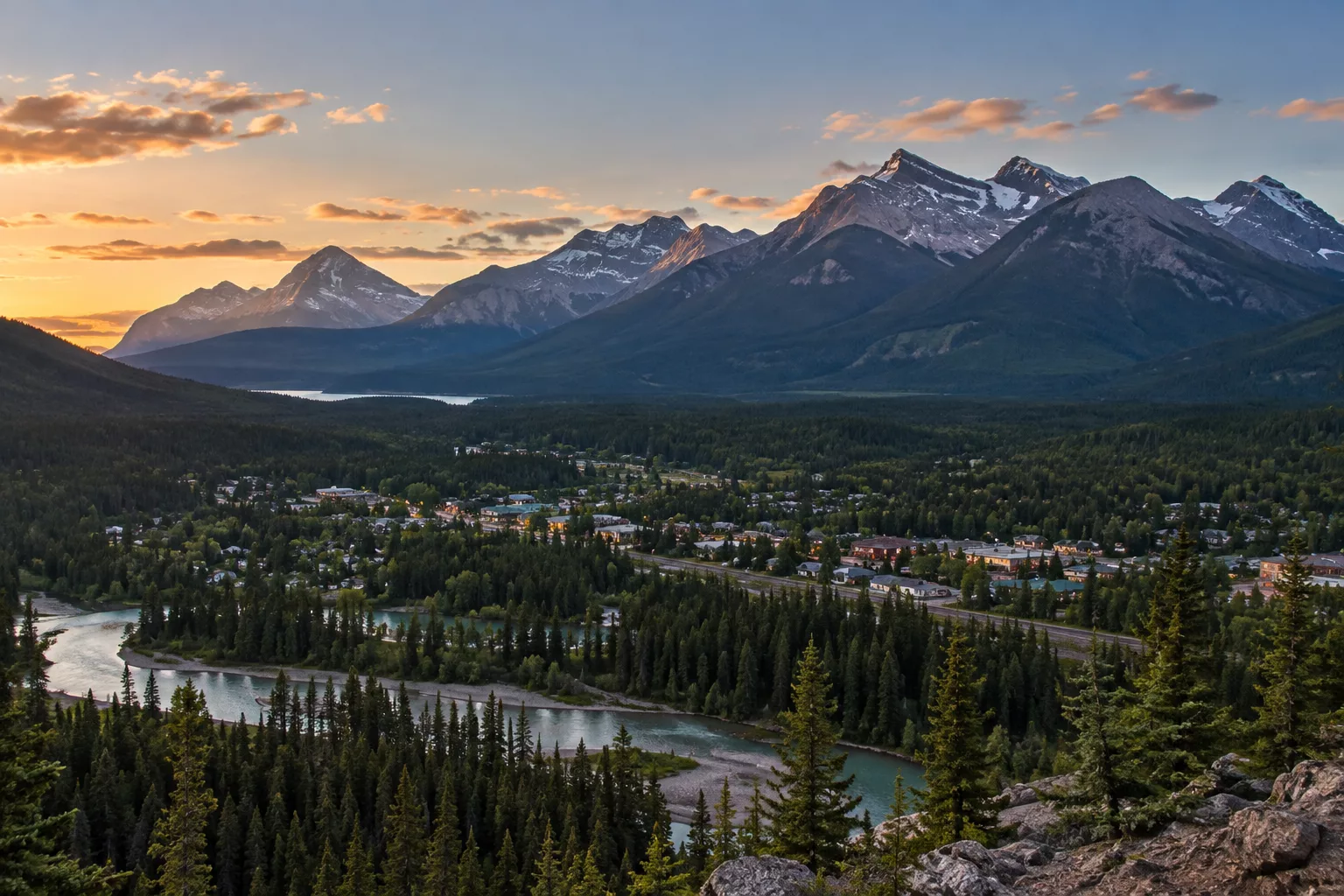Jasper at the end of the Icefields Parkway surrounded by mountains