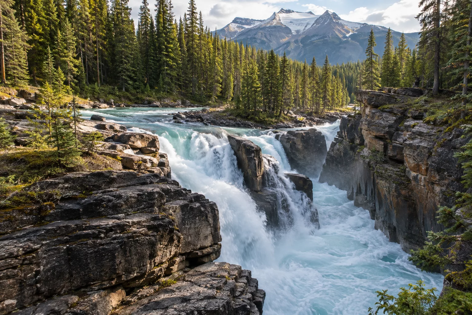Sunwapta Falls and canyon from a safe public viewpoint