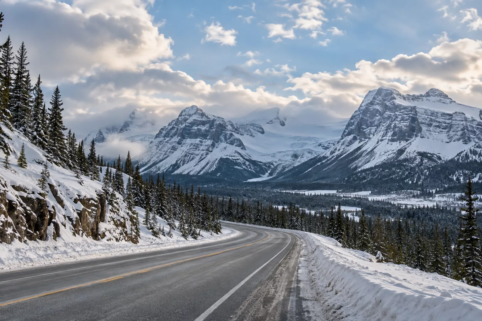 Icefields Parkway open through snowy shoulder-season mountains