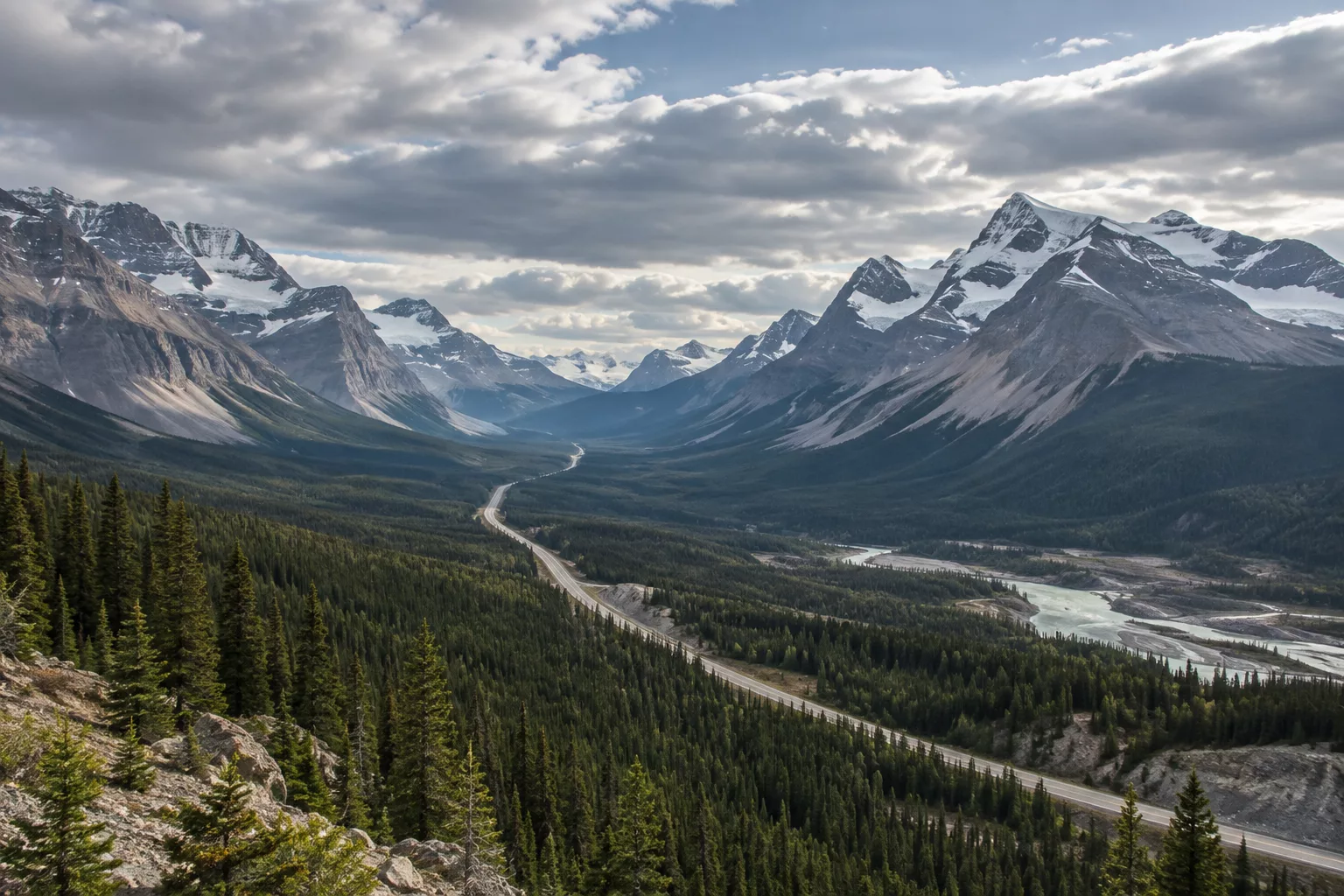 Icefields Parkway viewed from a high pullout under dramatic mountain sky