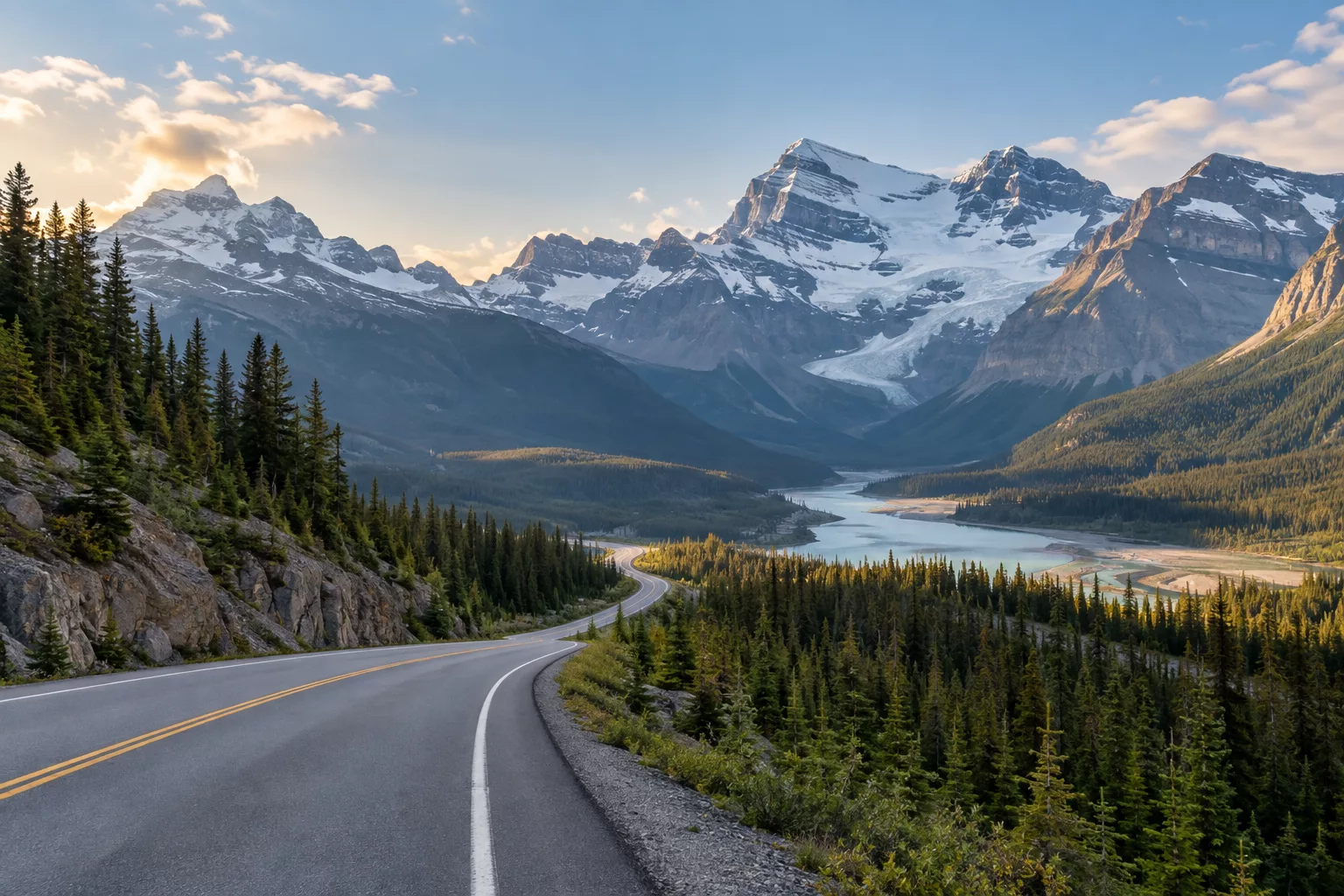 Icefields Parkway road winding through glacier-capped peaks between Lake Louise and Jasper
