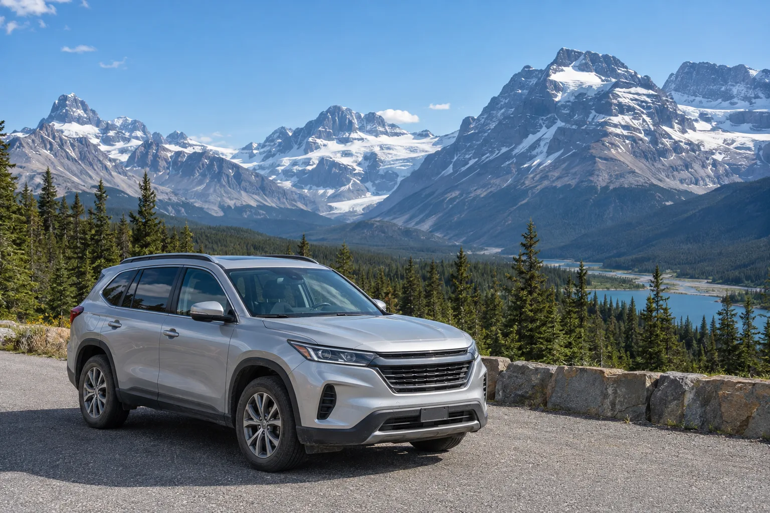 A silver mid-size rental SUV parked at a highway pullout on the Icefields Parkway, glacier-capped Rockies peaks and evergreen forest behind it